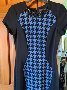 Black Dress with Blue Houndstooth Panel - Elegant Short Sleeve Sheath